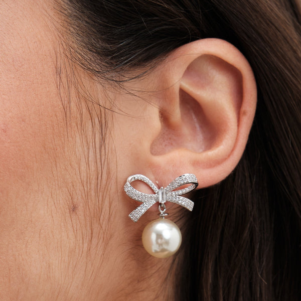 Jon Richard Rhodium Plated Cubic Zirconia Bow and Pearl Earrings
