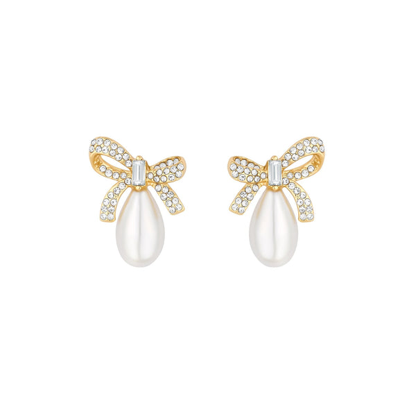 Jon Richard Gold Plated Pave Bow And Pear Drop Pearl Earrings