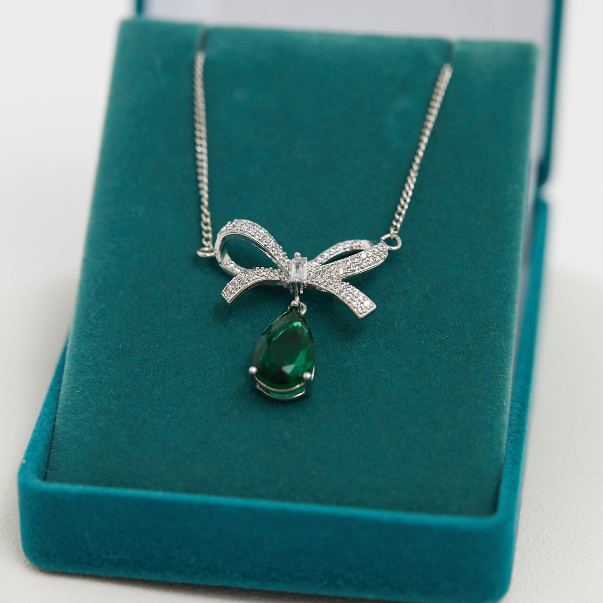Jon Richard Rhodium Plated And Emerald Bow Pendant - Gift Boxed