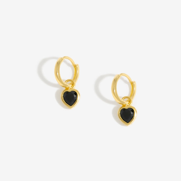 Inicio Gold Plated Jet Heart Charm Earrings - Gift Pouch