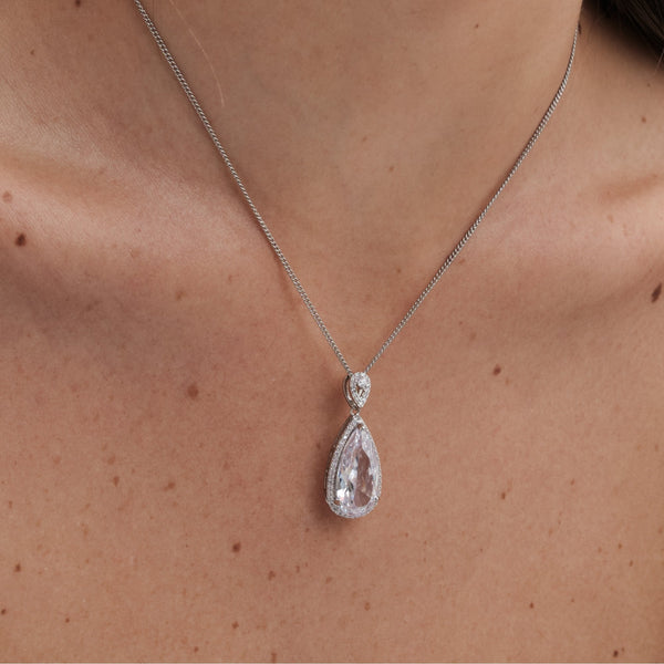 Jon Richard Rhodium Plated Cubic Zirconia Pear Drop Pendant - Gift Boxed