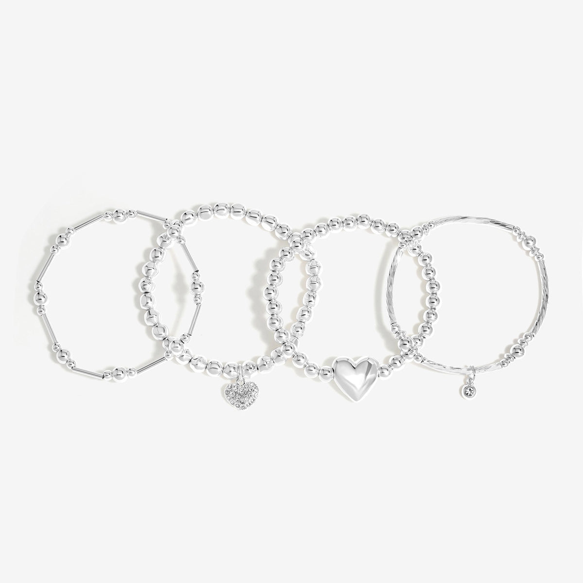 Mood Silver Polished Ball Heart Charm Stretch Bracelets - Pack of 4