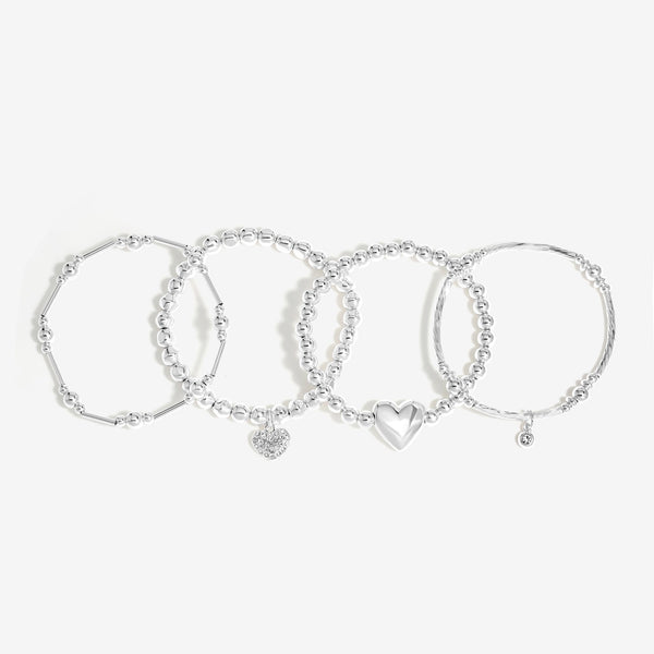 Mood Silver Polished Ball Heart Charm Stretch Bracelets - Pack of 4