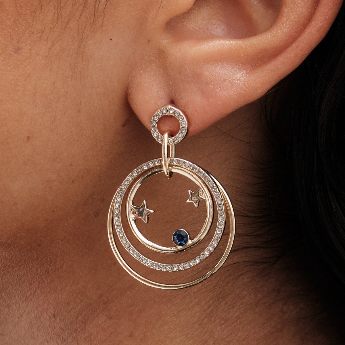 Mood Gold Blue Crystal Celestial Forward Facing Link Drop Earrings