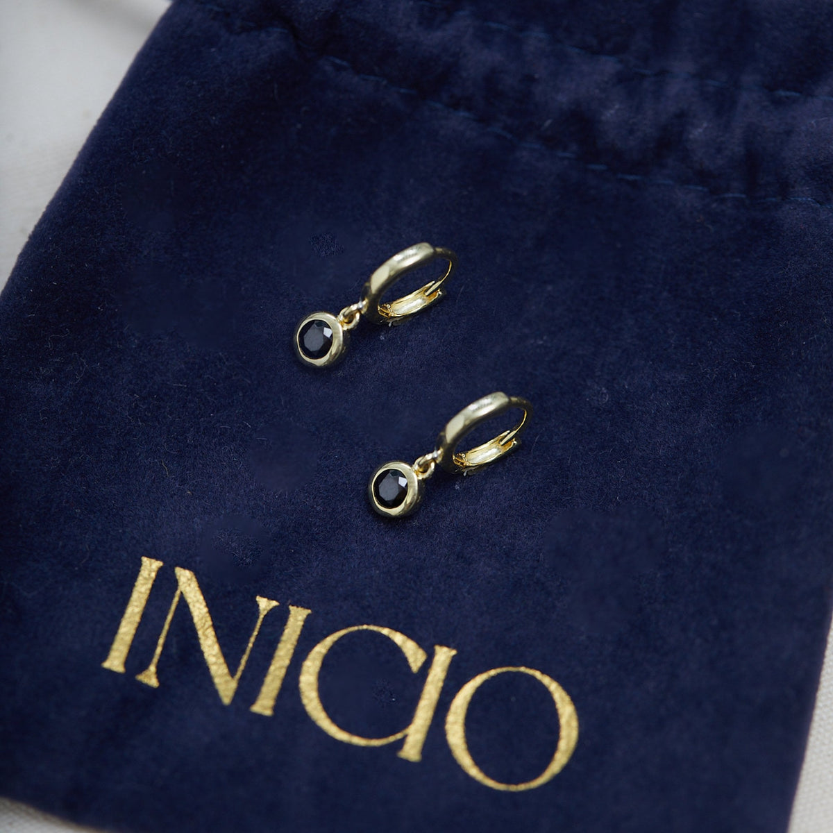 Inicio Gold Plated Jet Besel Charm Huggie Earrings - Gift Pouch