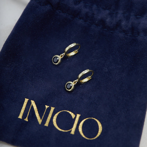Inicio Gold Plated Jet Besel Charm Huggie Earrings - Gift Pouch