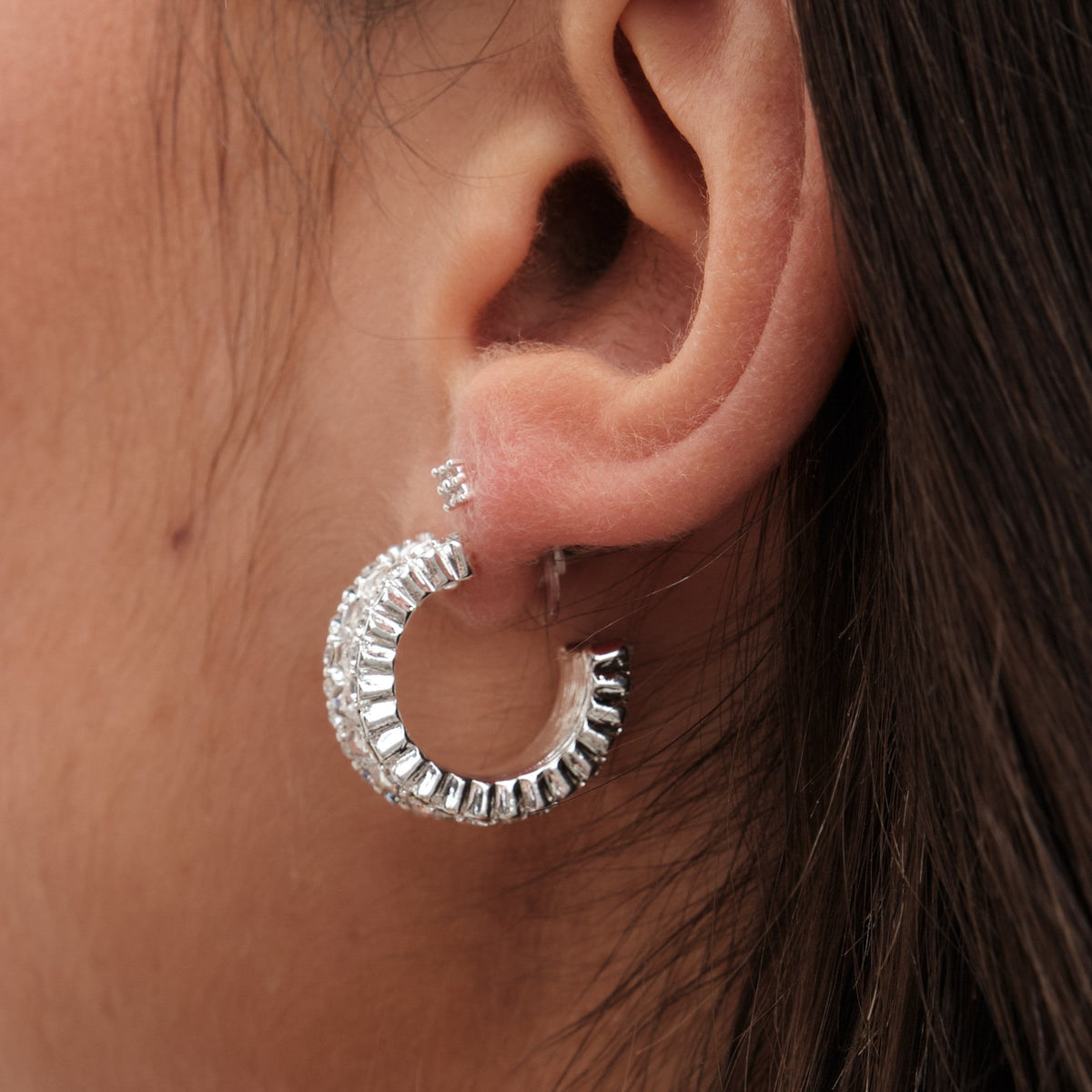 Jon Richard Silver Plated Crystal Baguette Stone Hoop Earrings