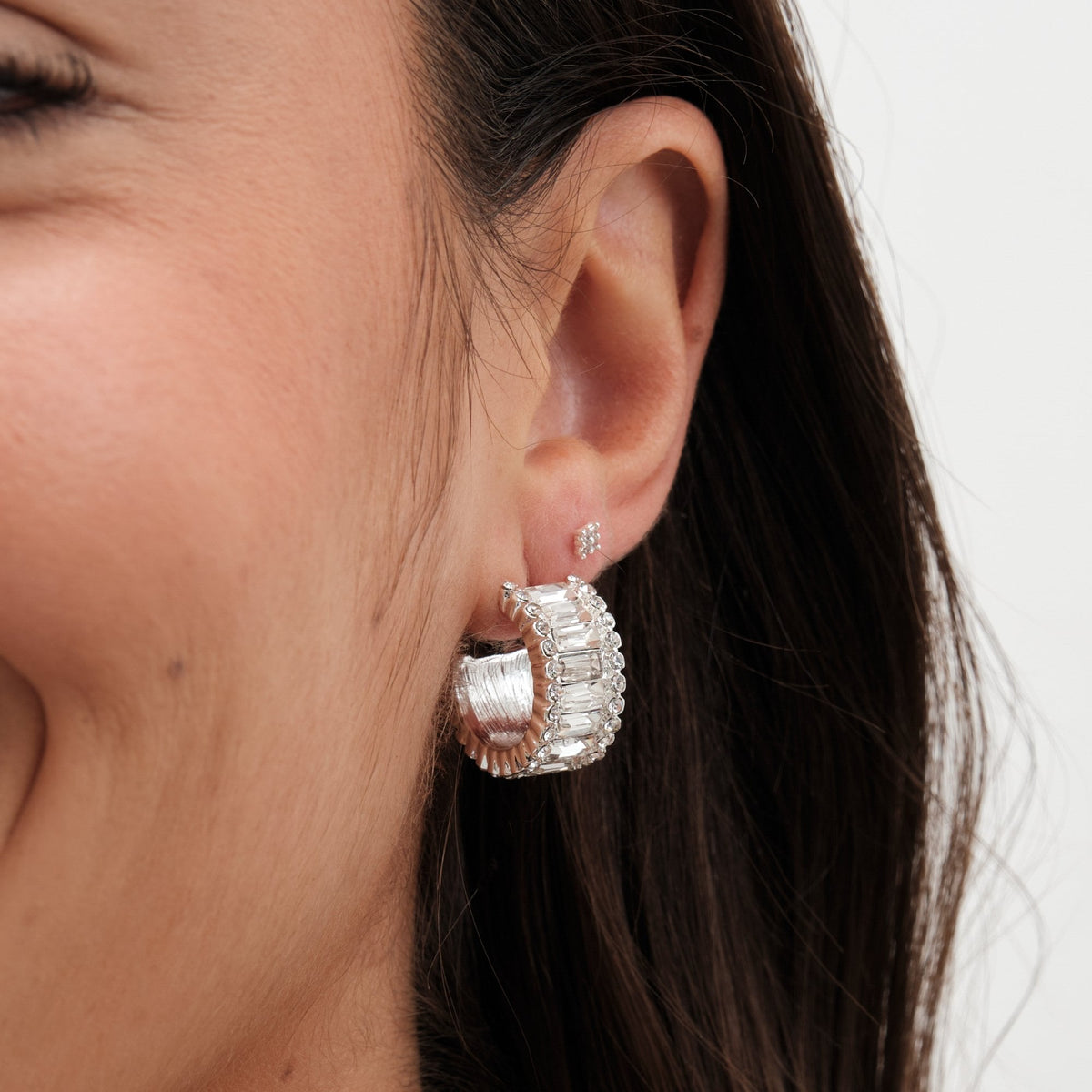 Jon Richard Silver Plated Crystal Baguette Stone Hoop Earrings
