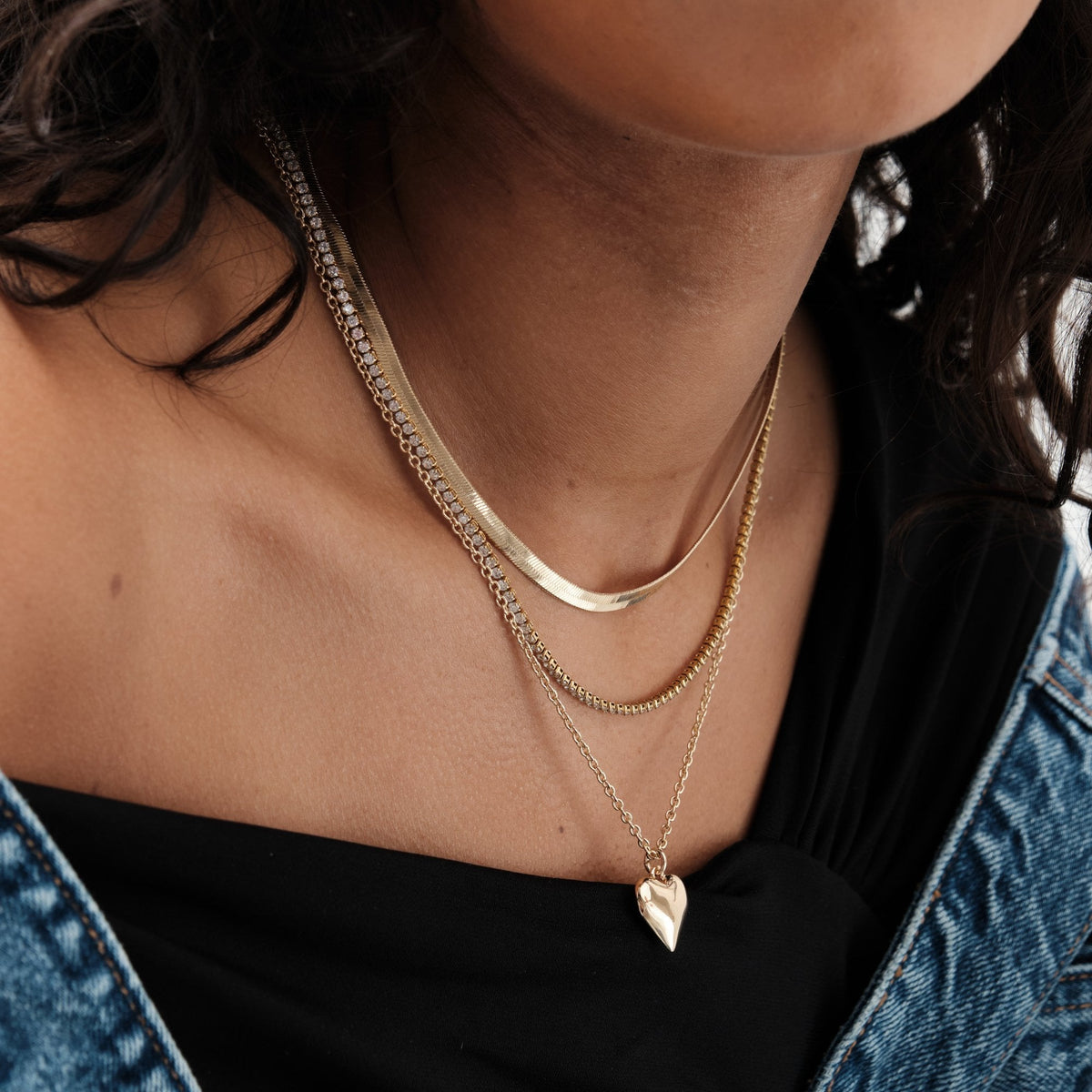 Mood Gold Crystal Delicate Heart Layered Necklaces - Pack of 3