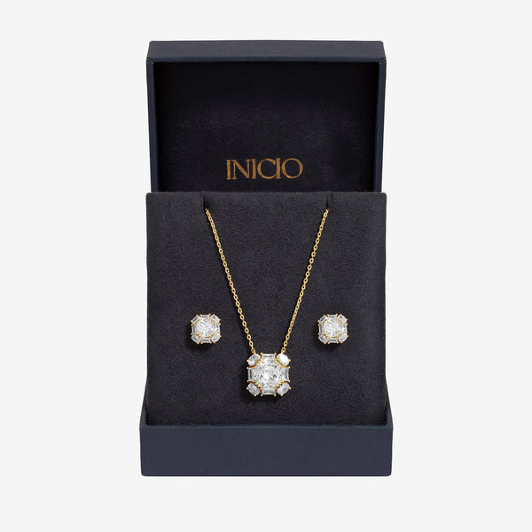 Inicio Gold Plated Cubic Zirconia Square Set  - Gift Box