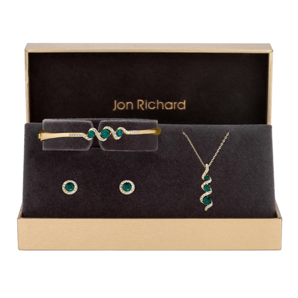 Jon Richard Gold Plated Emerald And Crystal Twist Drop Trio Set  - Gift Box