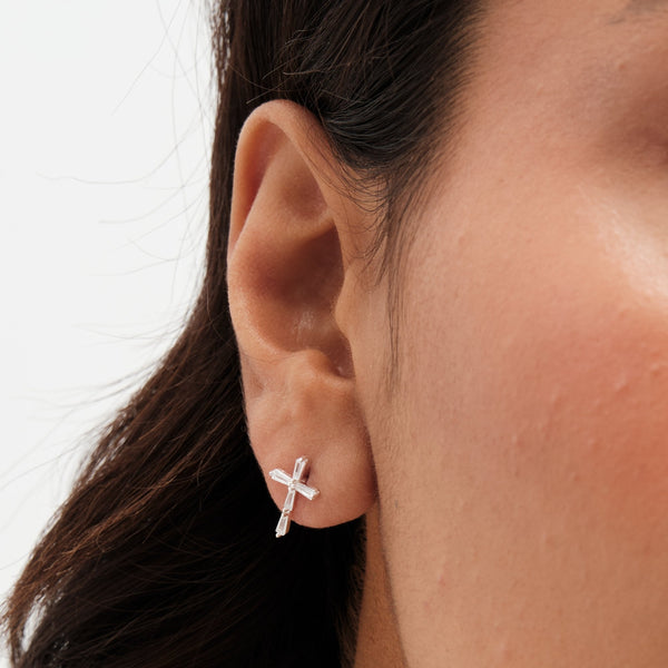 Simply Silver Sterling Silver 925 Cubic Zirconia Fine Cross Stud Earrings