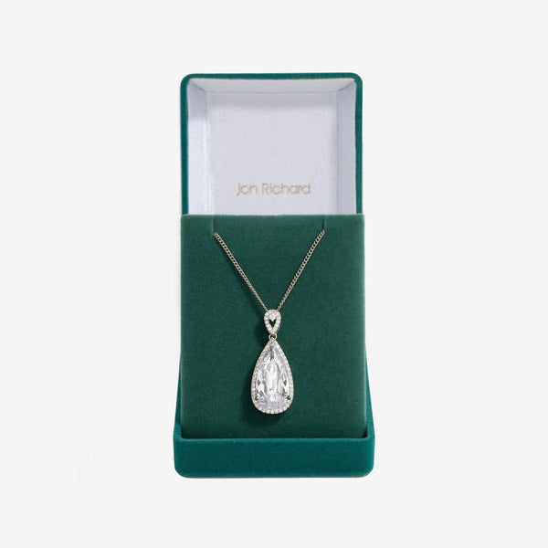 Jon Richard Rhodium Plated Cubic Zirconia Pear Drop Pendant - Gift Boxed