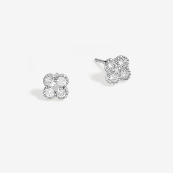 Simply Silver Sterling Silver 925 Polished and Cubic Zirconia Pave Clover Stud Earrings