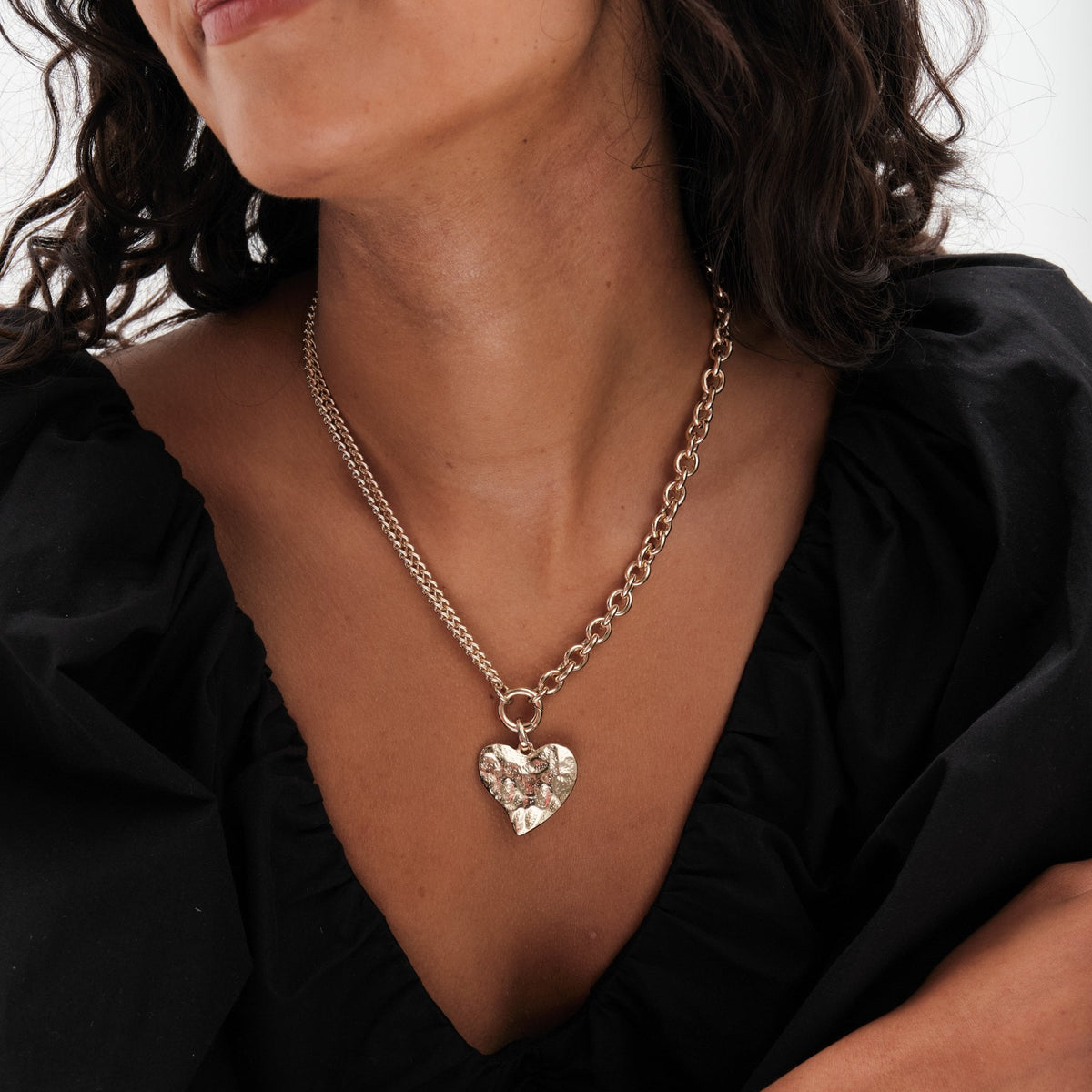 Mood Gold Hammered Matte Twisted Heart Double Chain Necklace