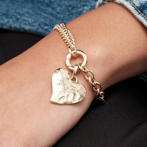 Mood Gold Hammered Matte Twisted Heart Double Chain Bracelet