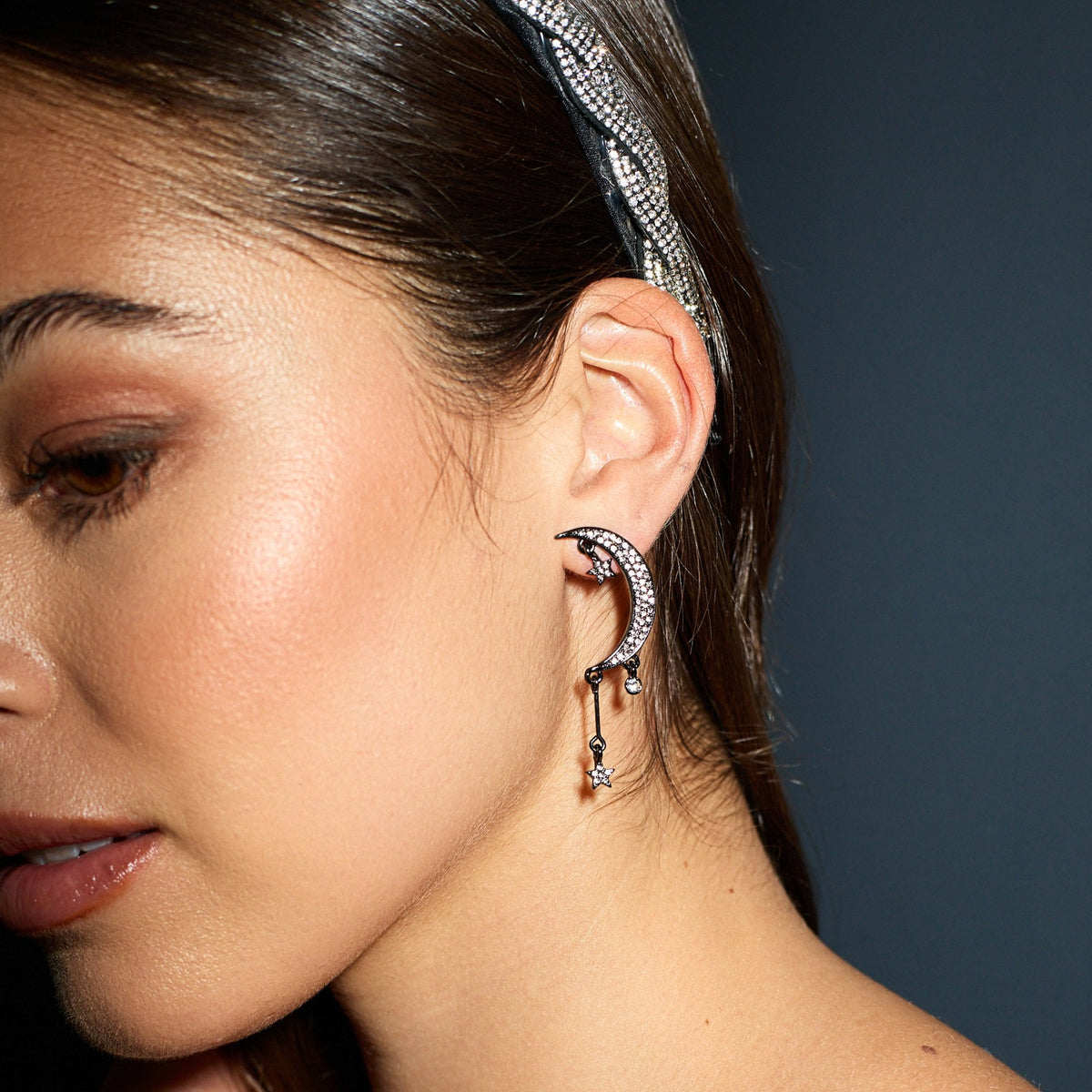 Mood Hematite Crystal Star and Moon Drop Earrings