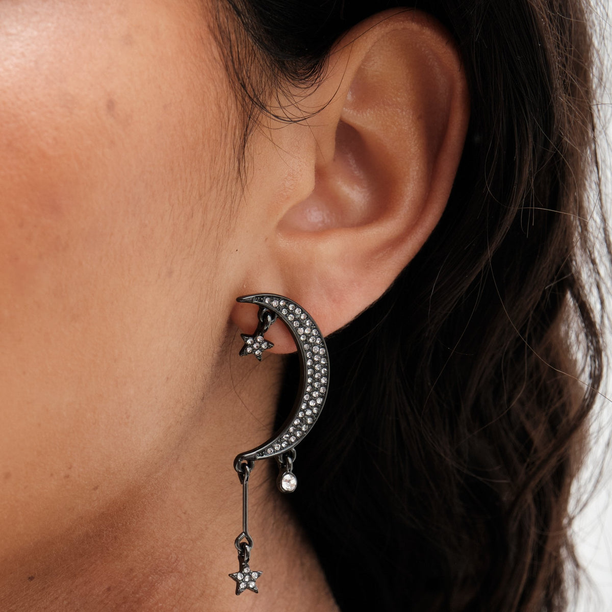Mood Hematite Crystal Star and Moon Drop Earrings