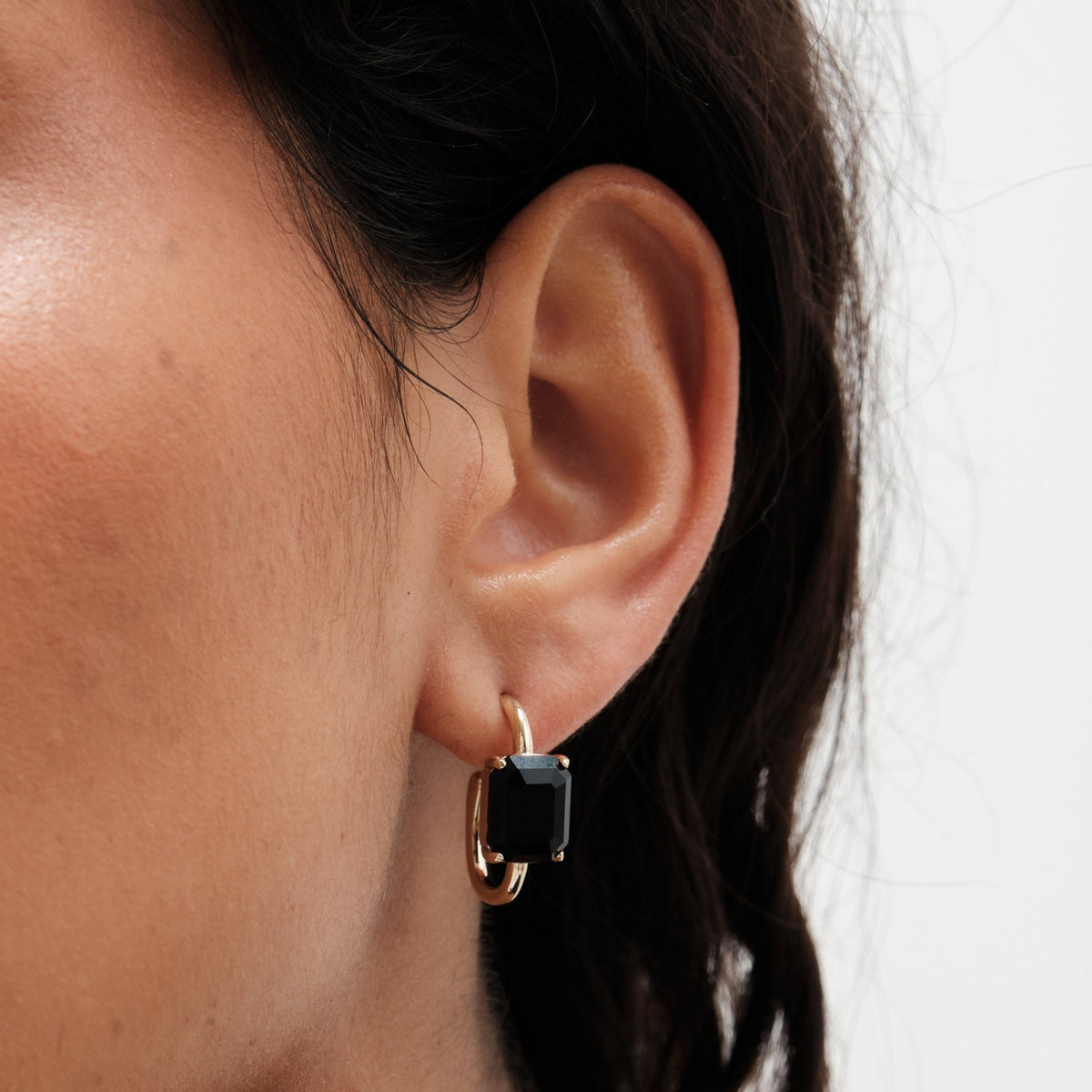 Mood Gold Black Emerald Cut Stone Hoop Earrings