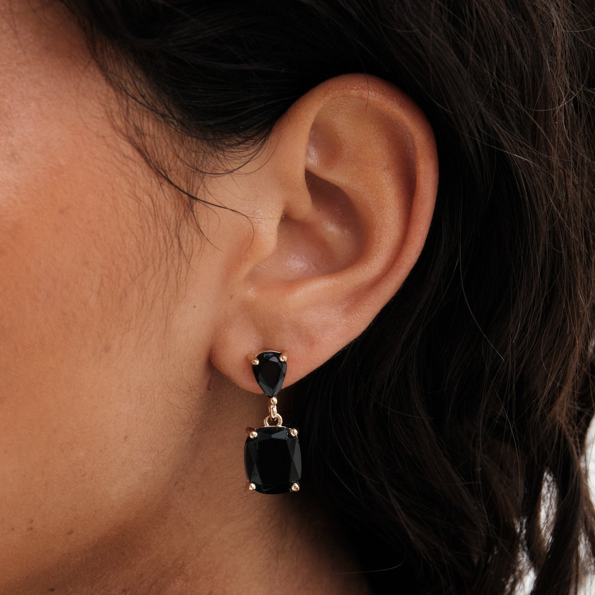 Mood Gold Black Double Stone Drop Earrings