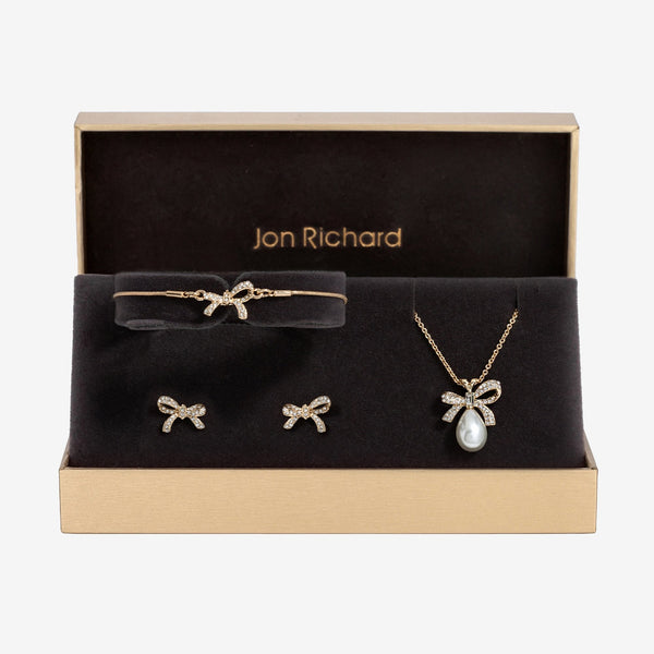 Jon Richard Silver Plated Crystal Bow And Pearl Trio Box