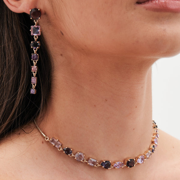 Mood Gold Purple Mixed Graduated Linear Stone Necklace
