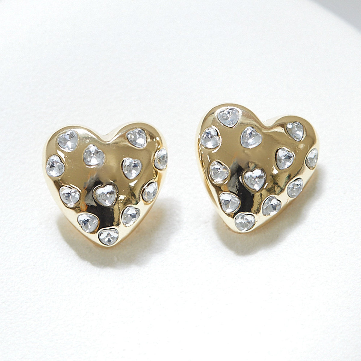 Mood Gold Crystal Puffed Heart Statement Stud Earrings