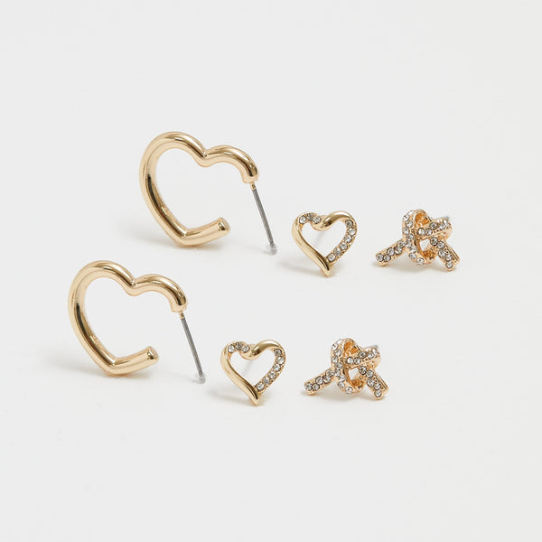 Mood Gold Crystal Love Heart Mixed Earrings - Pack of 3