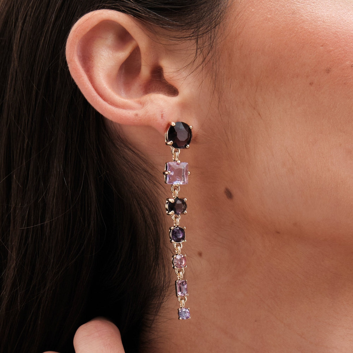 Mood Gold Purple Mixed Graduated Linear Stone Drop Earrings