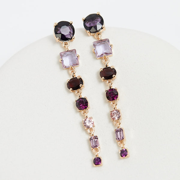 Mood Gold Purple Mixed Graduated Linear Stone Drop Earrings