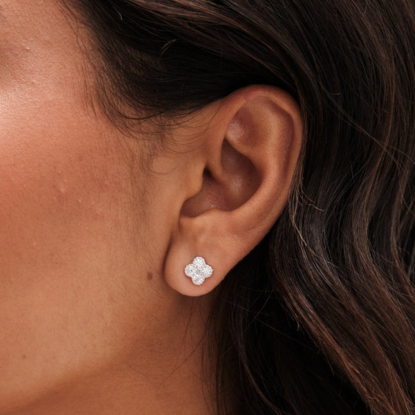 Simply Silver Sterling Silver 925 Polished and Cubic Zirconia Pave Clover Stud Earrings