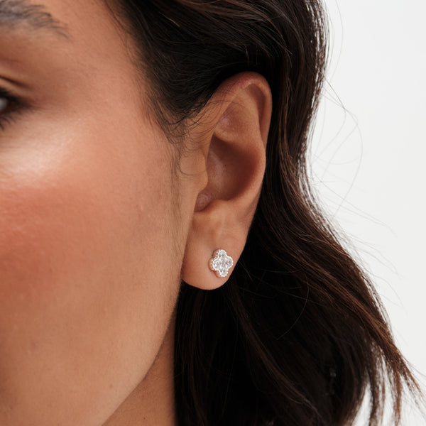 Simply Silver Sterling Silver 925 Polished and Cubic Zirconia Pave Clover Stud Earrings
