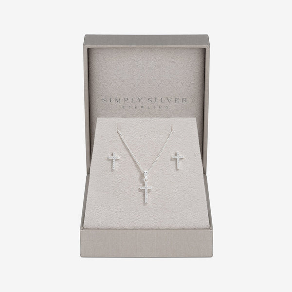 Simply Silver Sterling Silver 925 Cubic Zirconia Cross Set  - Gift Boxed
