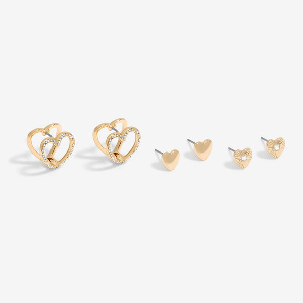 Mood Gold Crystal Heart Stud And Hoop Earrings - Pack Of 3