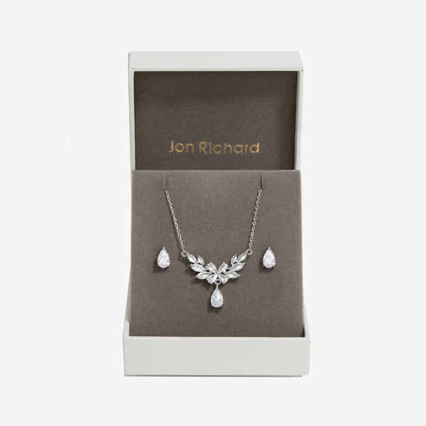 Jon Richard Rhodium Plated Cubic Zirconia Floral Set - Gift Box