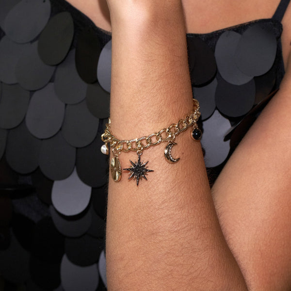 Mood Gold Black Crystal Celestial Charm Chain Bracelet