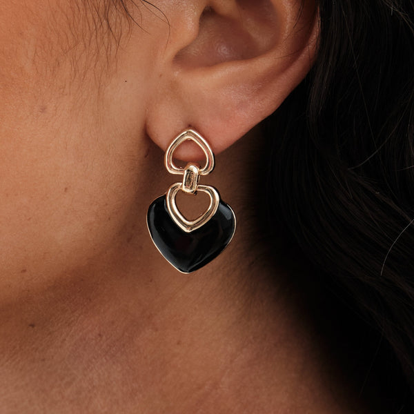 Mood Gold Black Enamel Heart Drop Earrings