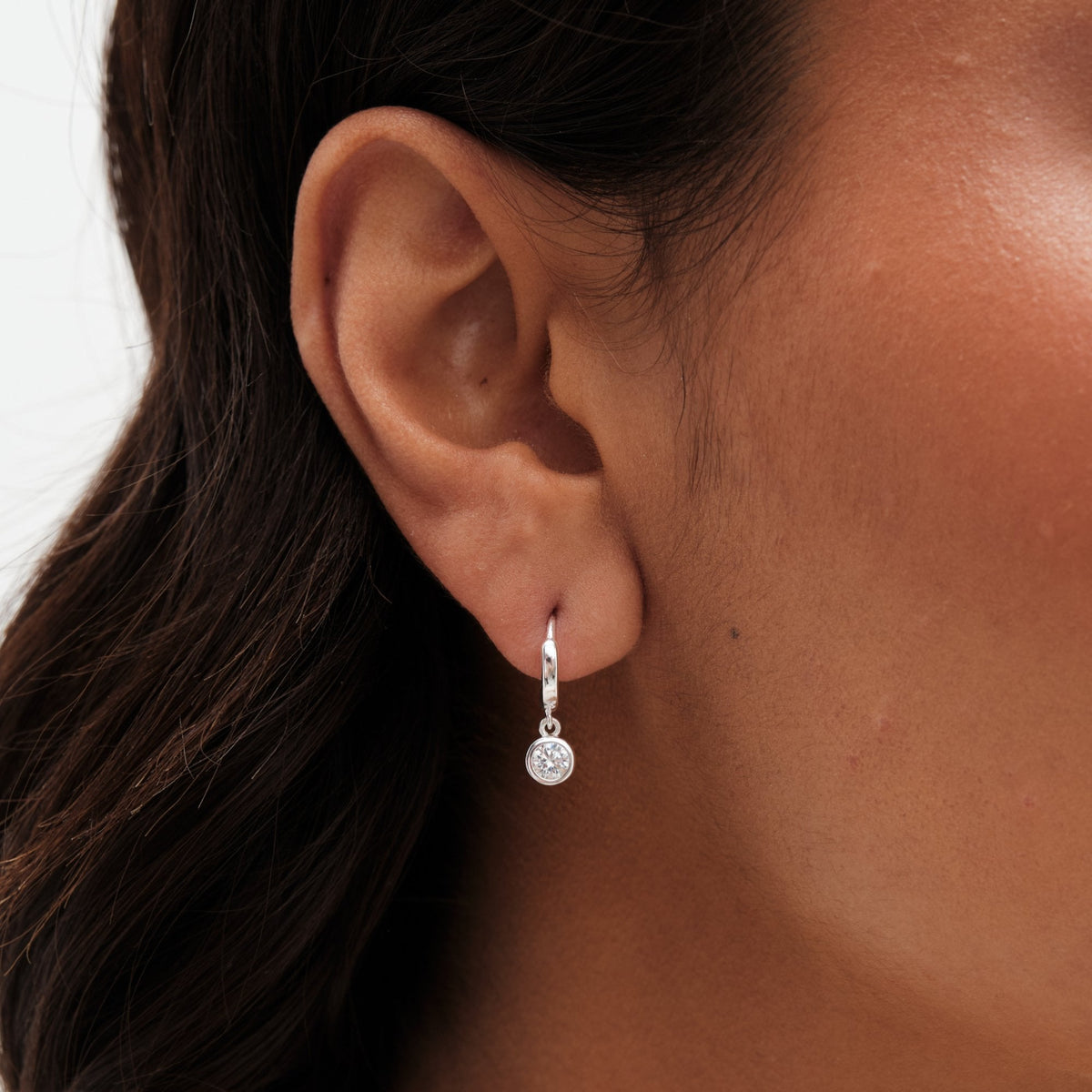 Simply Silver Sterling Silver 925 Polished Silver Crystal Besel Charm Hoop Earrings