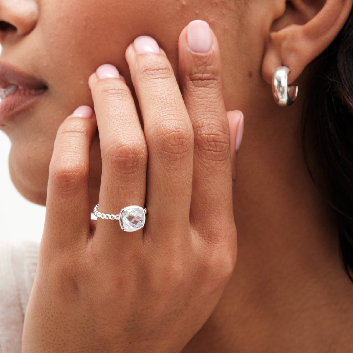 Simply Silver Sterling Silver 925 Beaded Polished And Cubic Zirconia Centre Ring
