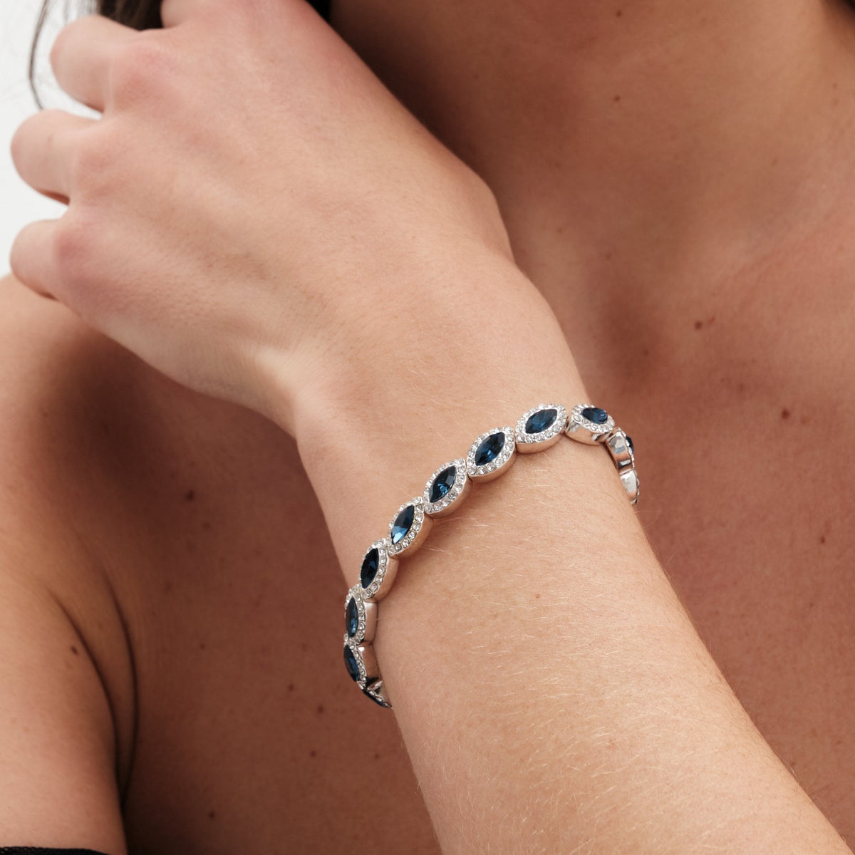 Silver Plated Blue Crystal Navette Stretch Bracelet