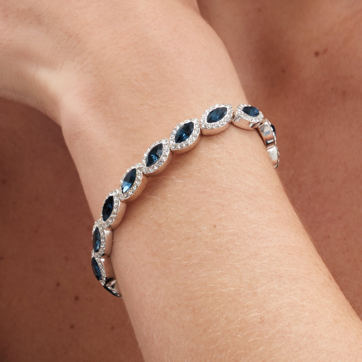 Silver Plated Blue Crystal Navette Stretch Bracelet