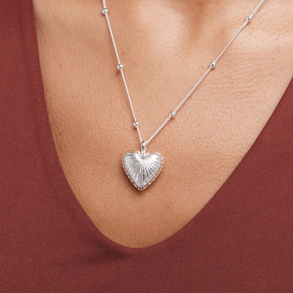 Inicio Silver Plated Ridge Heart Necklace - Gift Pouch