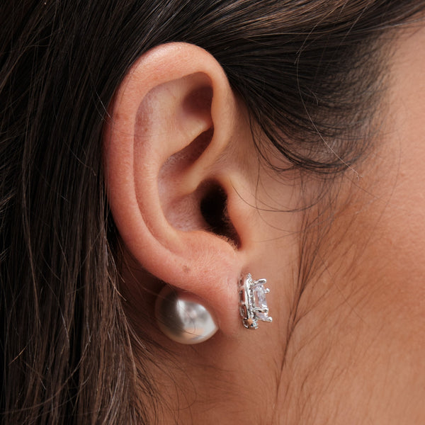 Jon Richard Rhodium Plated Pearl And Cubic Zirconia Front And Back Earrings