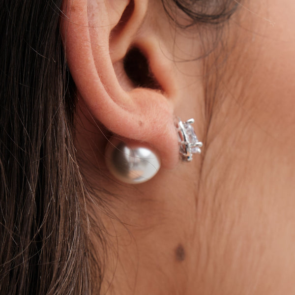 Jon Richard Rhodium Plated Pearl And Cubic Zirconia Front And Back Earrings