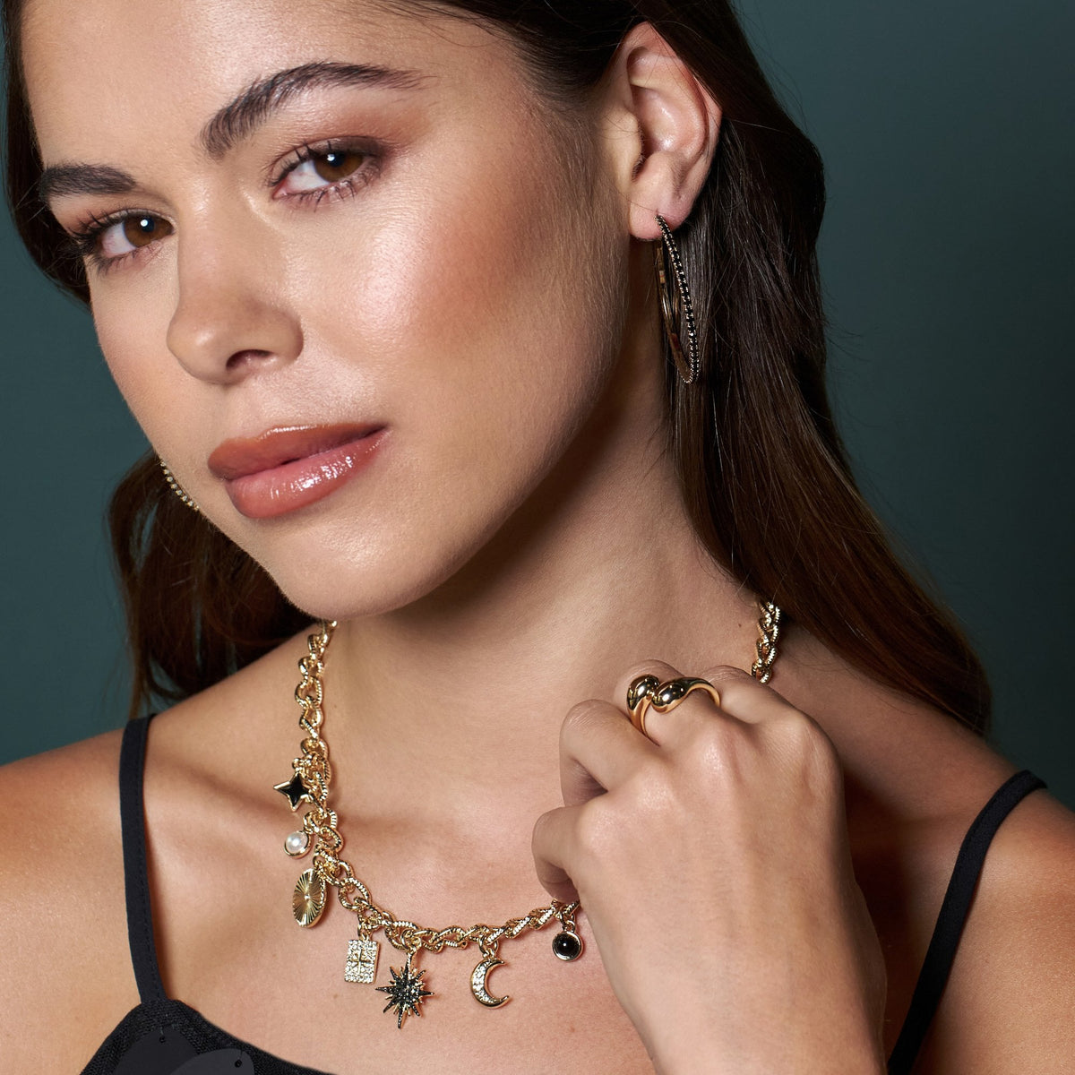 Mood Gold Black Crystal Celestial Charm Chain Necklace