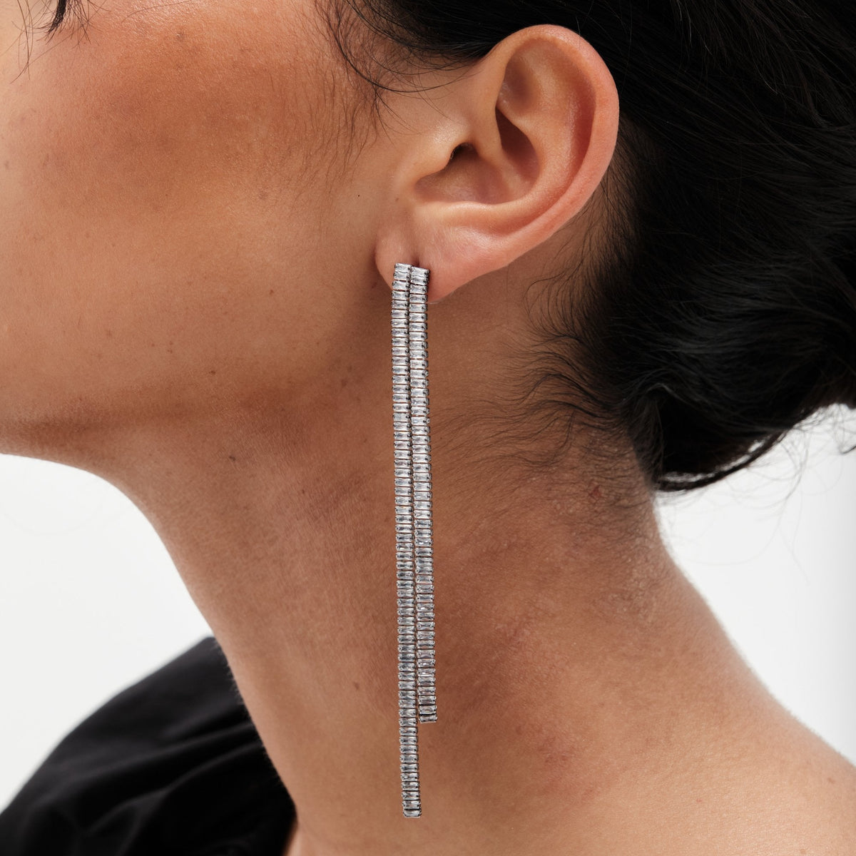 Mood Hematite Plated Crystal Double Baguette Linear Drop Earrings