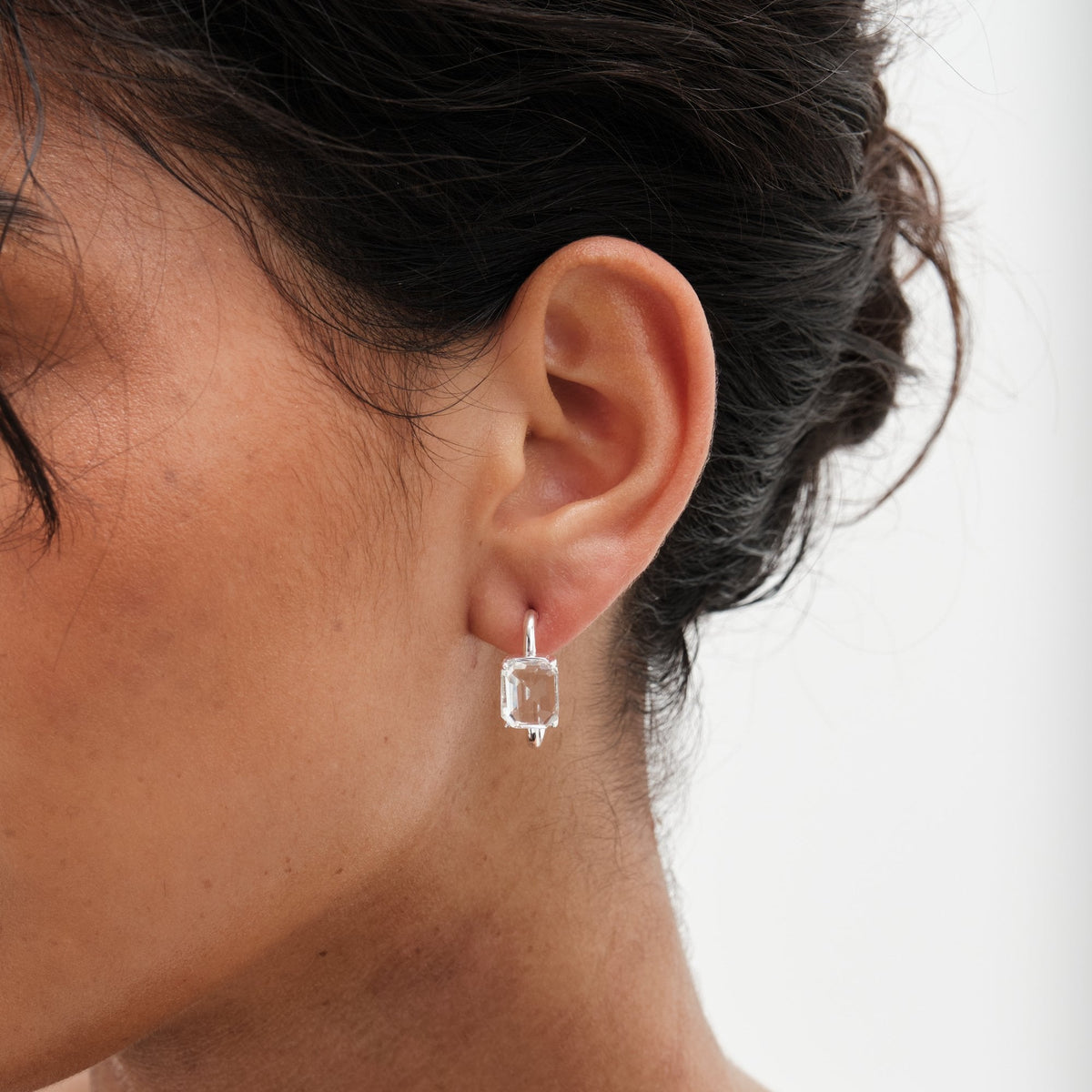 Mood Silver Crystal Emerald Cut Stone Hoop Earrings
