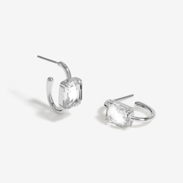 Mood Silver Crystal Emerald Cut Stone Hoop Earrings