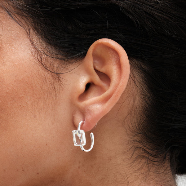 Mood Silver Crystal Emerald Cut Stone Hoop Earrings
