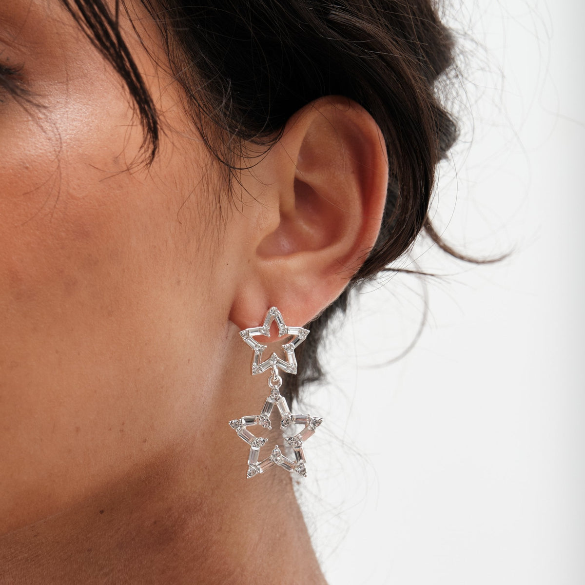 Mood Silver Crystal Baguette Double Star Drop Earrings